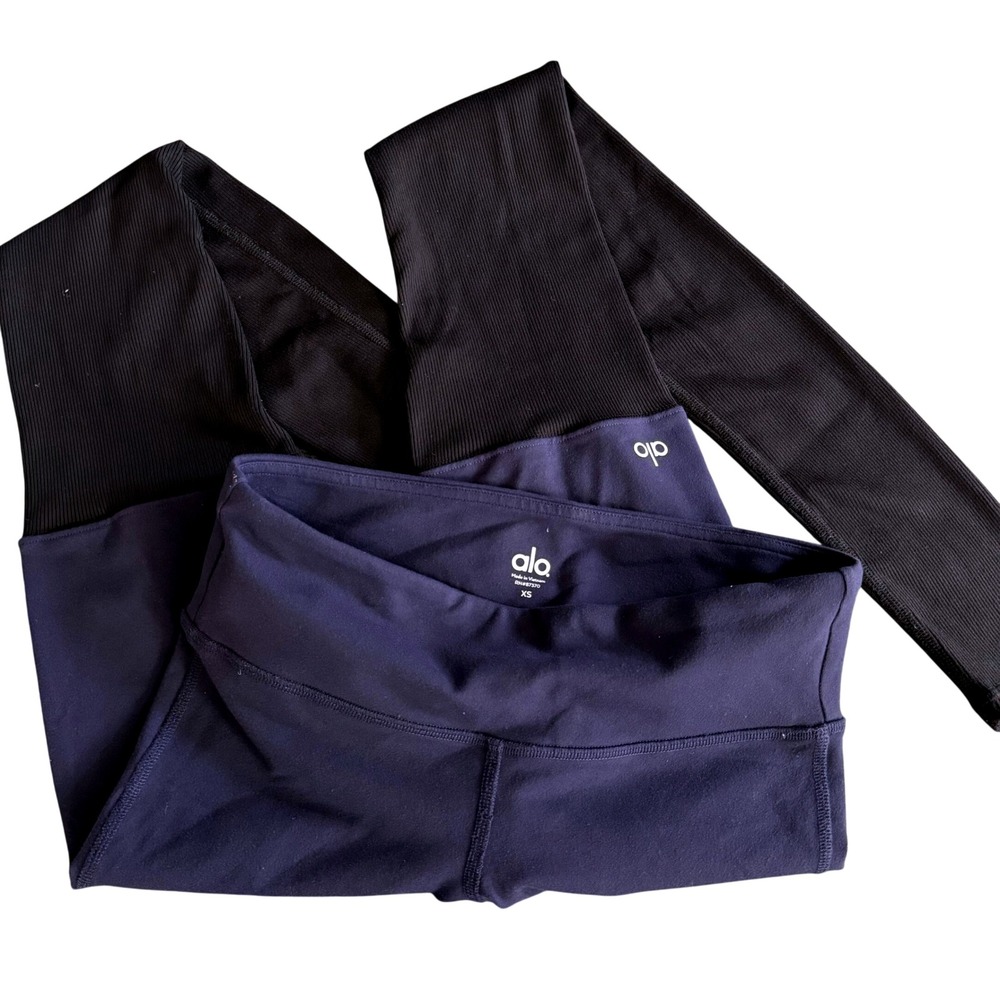 Alo Yoga High Waist Goddess Yoga Leggings XS Navy Black Ribbed